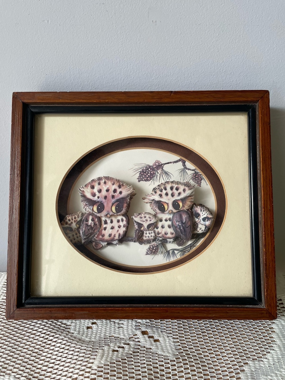 Vintage MCM Big Eyed Owl Family 3D Paper Cut Shadowbox Lois Thayer